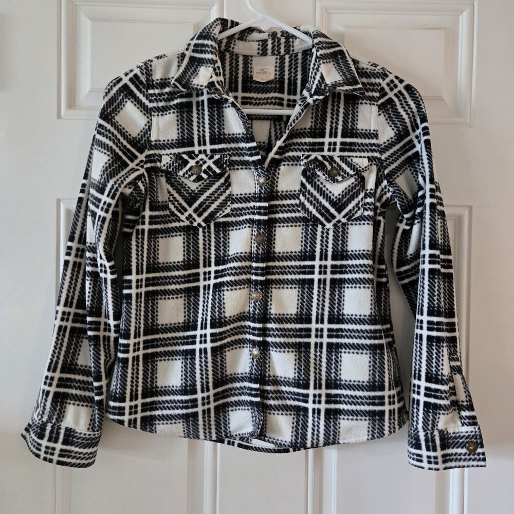 Girls O'Neill Plaid Fleece Button Up Jacket Sz M Black White Flannel Shacket